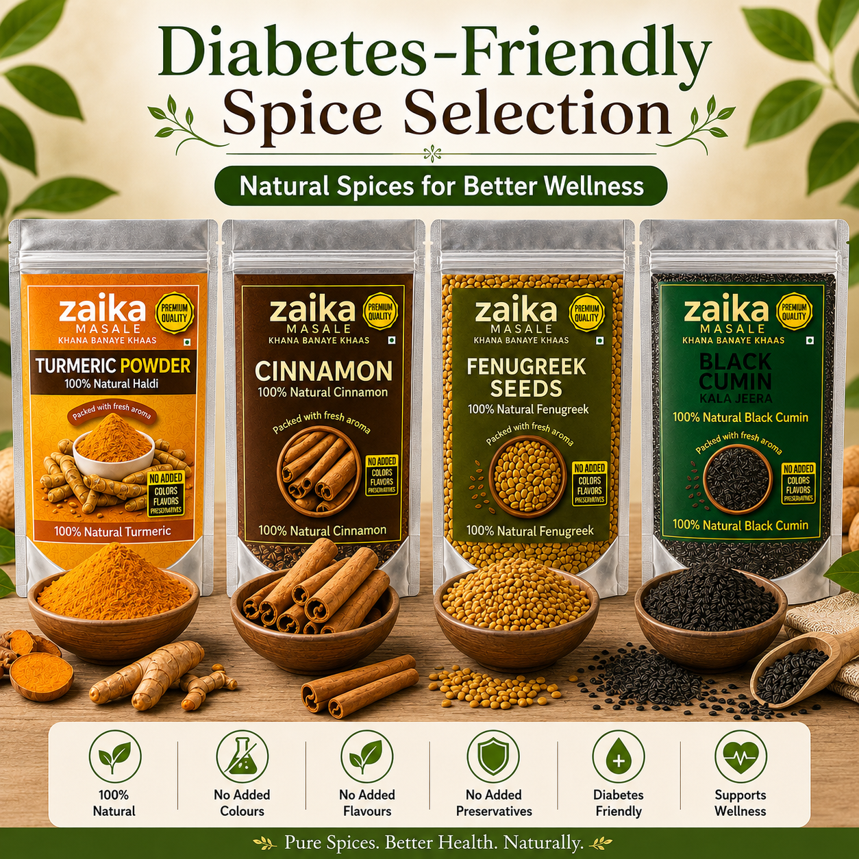 Diabetes-Friendly Spice Selection – Turmeric, Cinnamon, Fenugreek & Black Cumin Combo